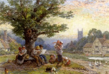 村の木の下にいるフューグレスと子供たち ヴィクトリア朝時代のマイルズ・バーケット・フォスター Oil Paintings
